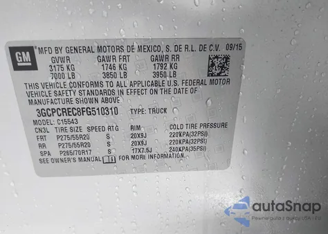 2015 Chevrolet Silverado 1500 1Lt из США, поврежденный, VIN 3GCPCREC8FG510310